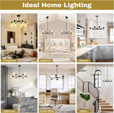 Collage of chandelier lighting in various home settings including living room, bedroom, kitchen, bathroom, home office, and stairs.